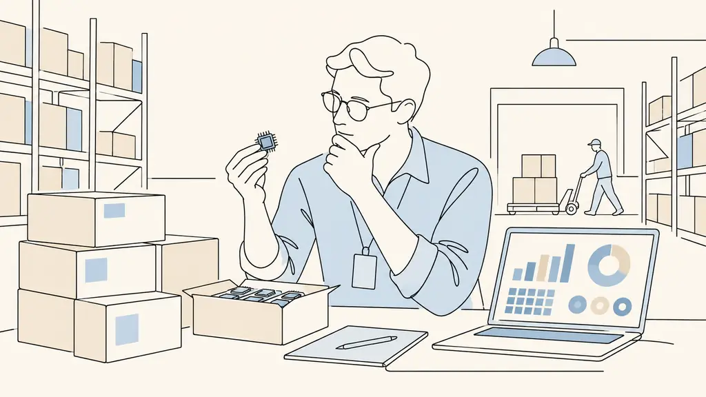 Editorial photograph of a warehouse purchasing manager examining electronic components beside boxed retail products and an open laptop displaying an inventory dashboard, no visible text or logos