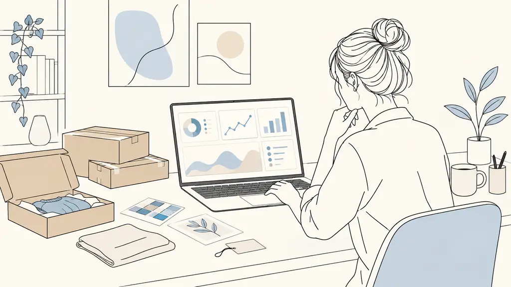 Editorial photograph of an e-commerce manager reviewing a visual KPI dashboard on a laptop beside packaged customer orders and printed product samples, no readable text, no logo