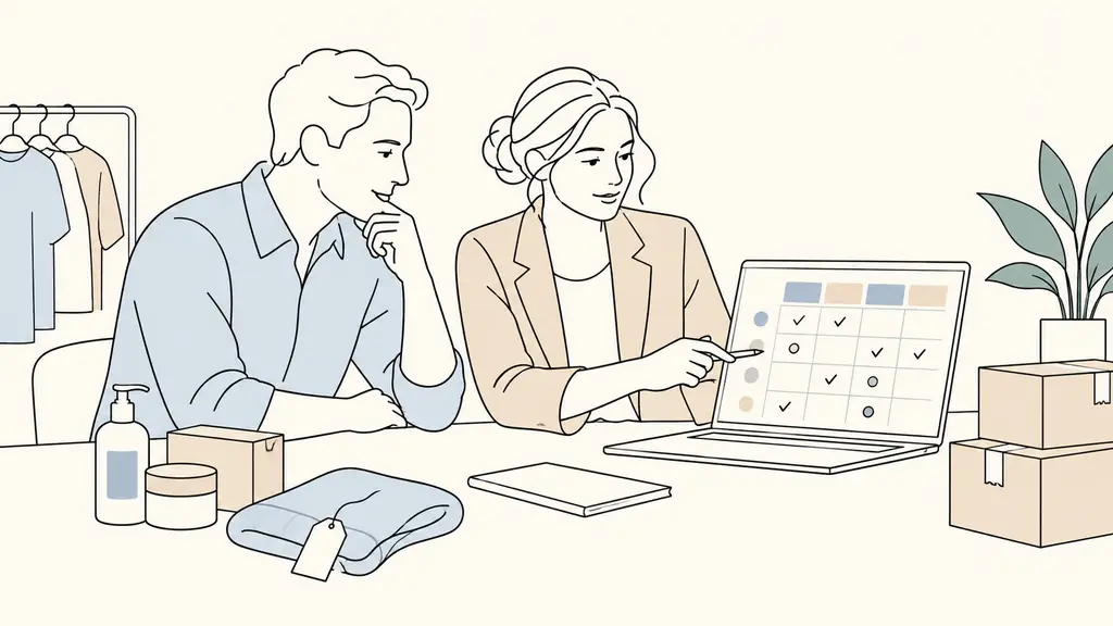 Editorial photograph of a business owner and an e-commerce manager reviewing a responsibility matrix on a laptop, with product samples and shipping boxes beside them, no readable text, no logo