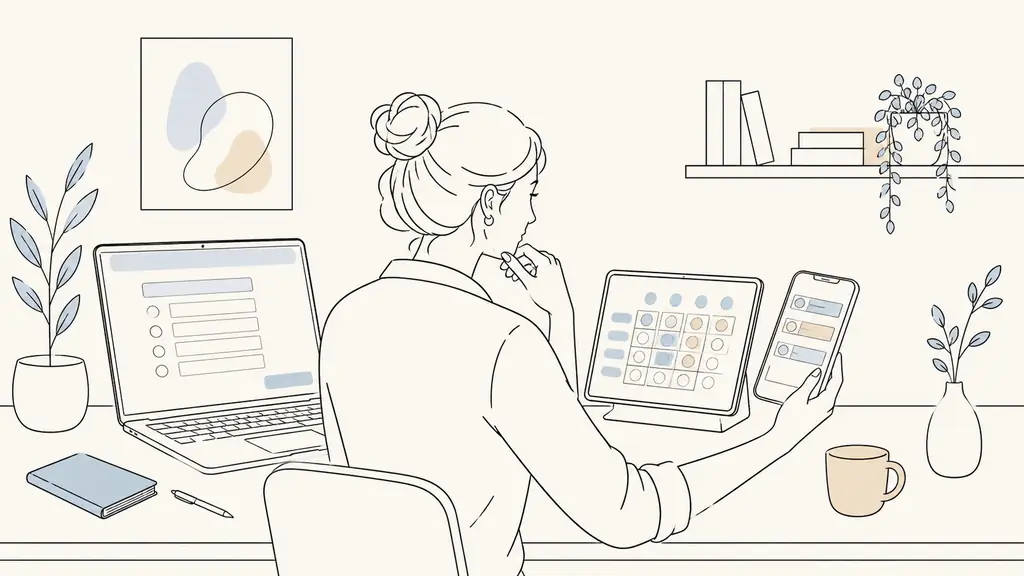 Business owner comparing a Google Forms questionnaire on a laptop, a Doodle availability grid on a tablet, and a Canva poll design on a smartphone, natural office setting, no visible text or logos