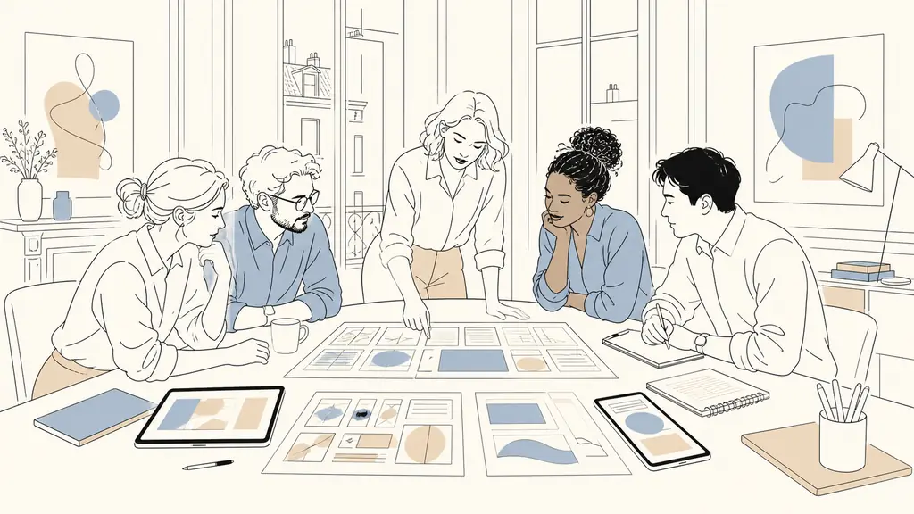 Creative director reviewing campaign storyboards and website mockups with a small team around a table in a contemporary Paris office, editorial photography, no text, no logo