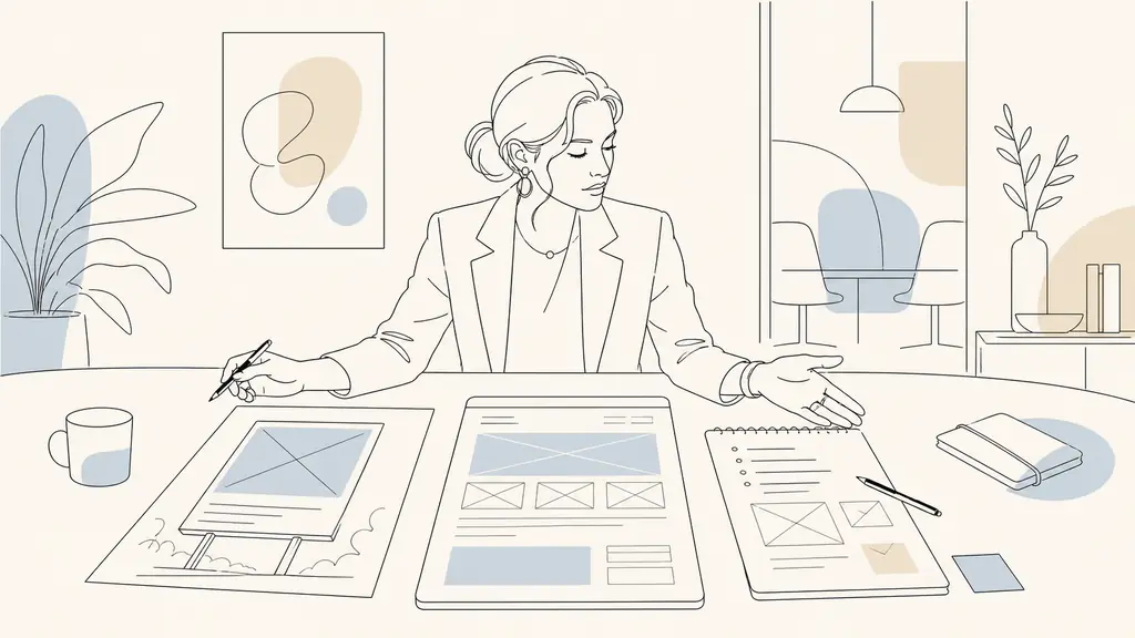 Creative executive comparing an outdoor poster mockup, a homepage wireframe and handwritten client briefing notes on a meeting table, contemporary advertising agency setting, editorial photography, no text, no logo