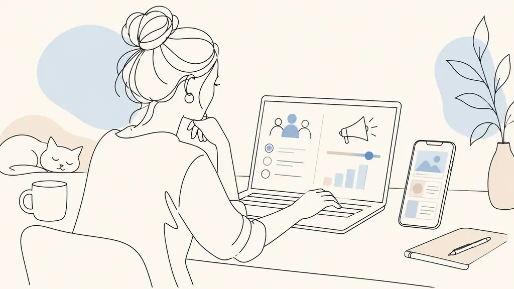 Small business owner at a laptop selecting an audience and adjusting a campaign budget, with smartphone placement previews beside the computer, editorial photography, no text, no logos