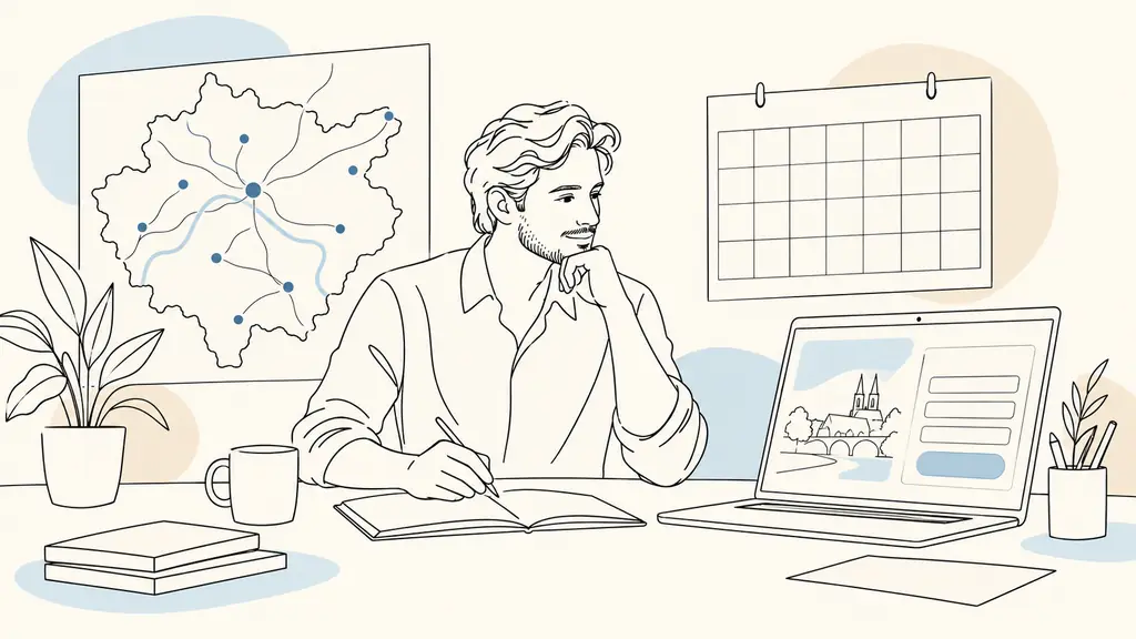 Local service business owner reviewing an Angers area map, a campaign calendar and a dedicated appointment landing page on a laptop, editorial photography, no text, no logos