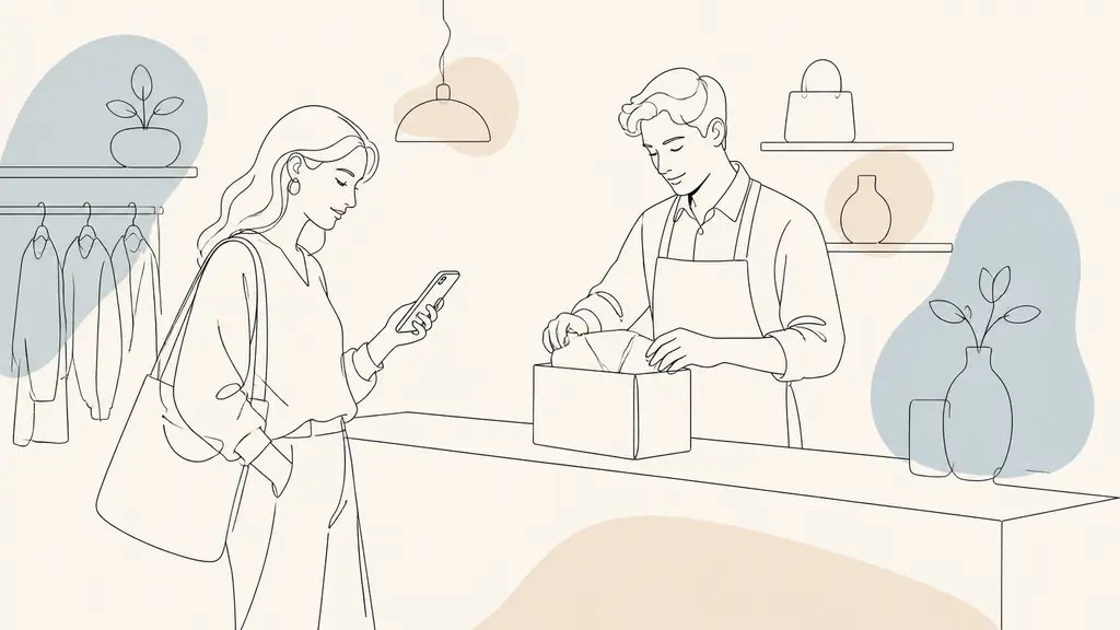 Editorial photograph of a customer checking a product on a smartphone beside a shop counter while an employee prepares an in-store pickup parcel, no visible text or logos