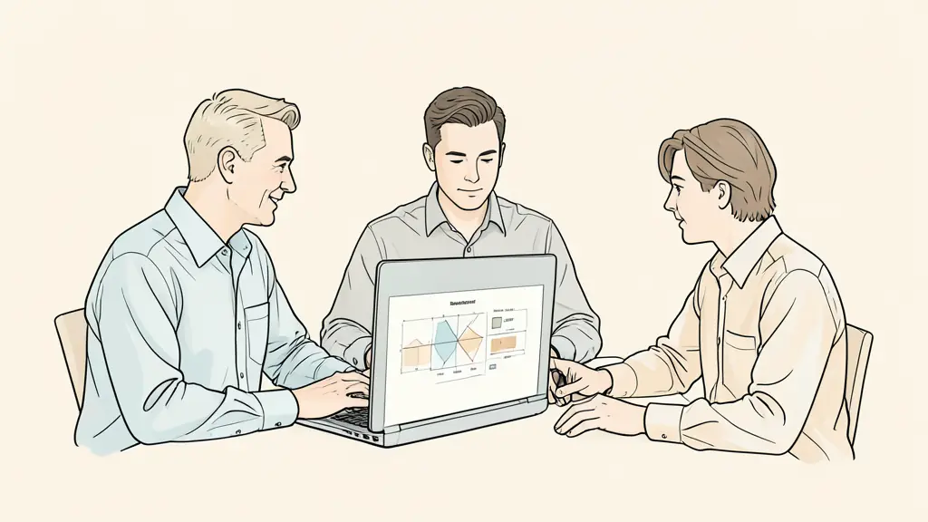 Editorial photograph of a B2B account review meeting with a finance manager, technical specialist and end user examining a stakeholder matrix on a laptop, no text, no logos