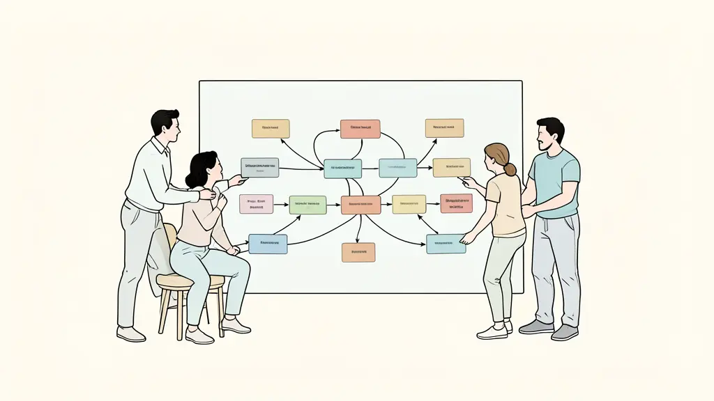 Editorial photograph of a cross-functional team mapping discovery, onboarding and renewal touchpoints with colored cards around a customer journey board, no readable text, no logos