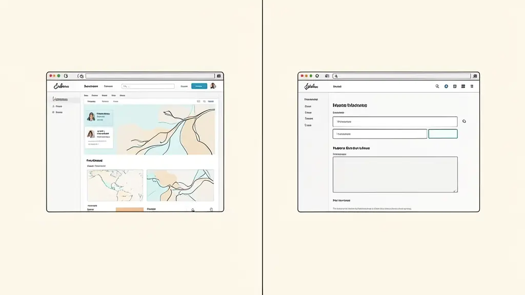 A split screen comparing a visually stunning but confusing website layout with a simple, clear, and highly functional interface, editorial style, no text