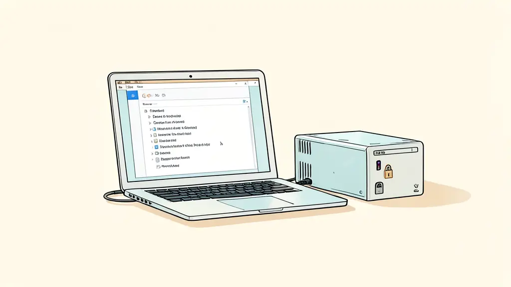 Editorial photograph of a laptop connected to a compact server unit, domain settings open on screen, security padlock indicator visible, no text, no logo