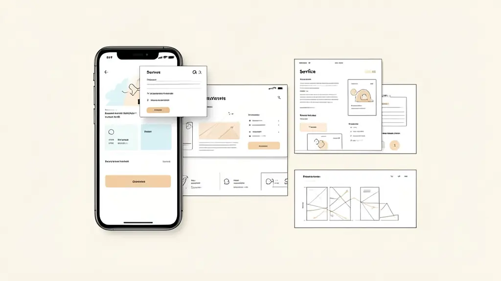 Editorial photograph of a smartphone beside paper website navigation cards, contact button prototype visible, service page layout sketches, no text, no logo