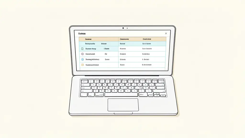 A professional workspace with a laptop showing a comparison table of software options, clean editorial style, top view