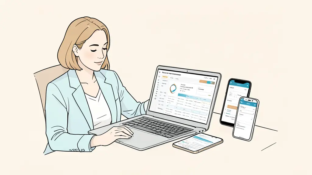 Business owner reviewing a search performance dashboard on a laptop, spreadsheet open beside it, mobile and desktop filters visible without readable text or logos