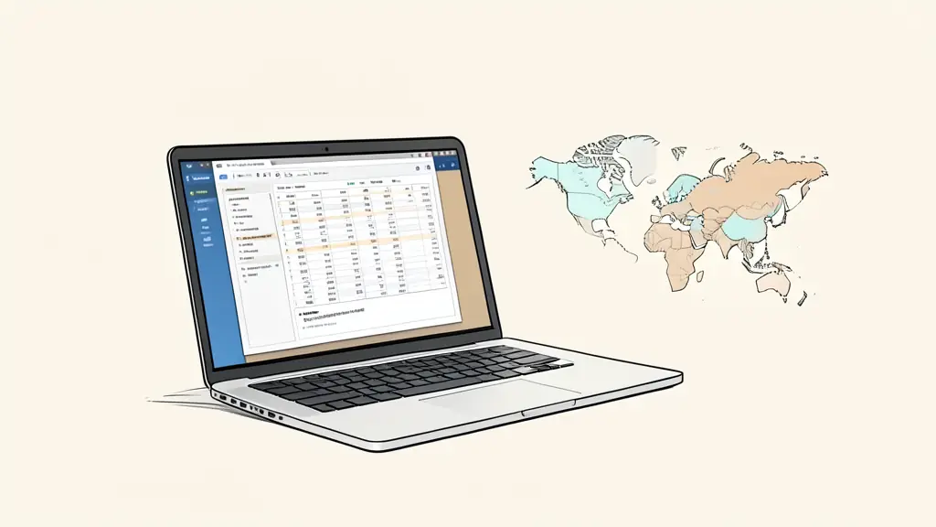 SEO analyst comparing two competitor domains on a laptop, exported keyword spreadsheet on a second screen, local search map displayed without readable text or logos