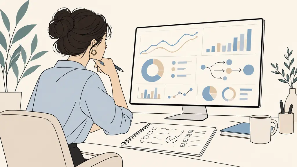 SEO consultant reviewing an analytics dashboard with traffic sources, contact conversions and handwritten recommendations, editorial photography, no text, no logo