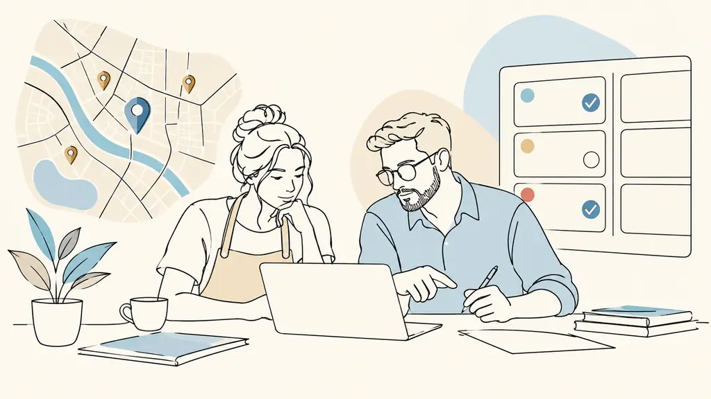 business owner and SEO consultant prioritizing website corrections on a laptop with a local map and task board, editorial photography, no text, no logo