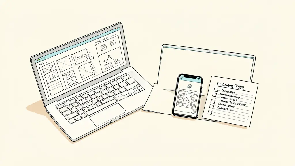 Editorial photograph of a web project meeting with printed wireframes, a laptop showing a mobile mockup, and a handwritten delivery checklist, no text, no logo