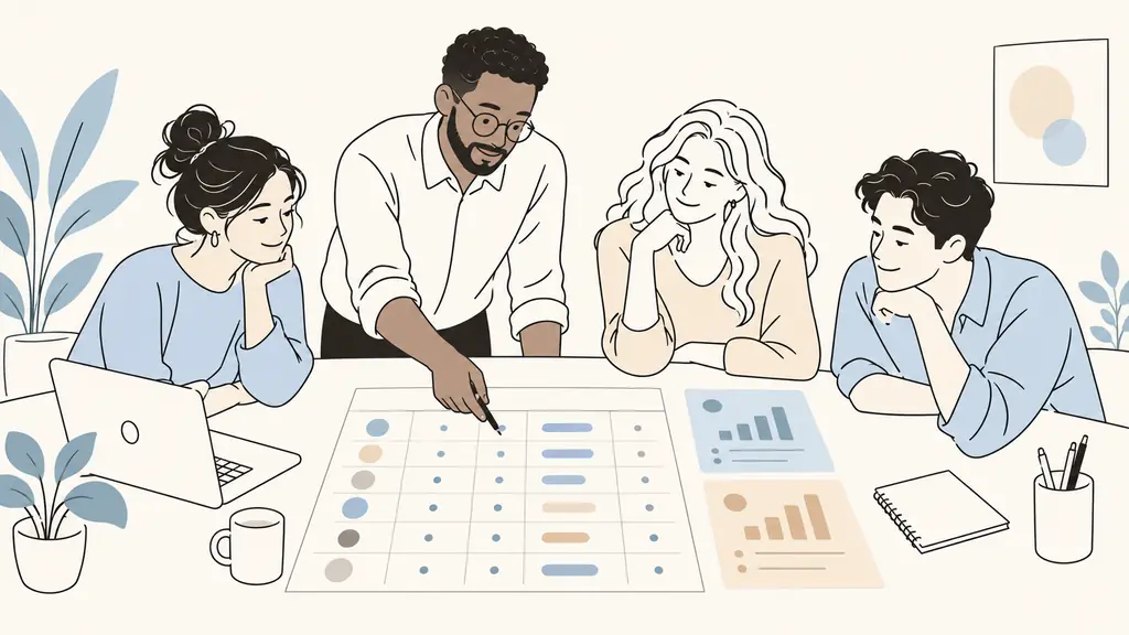 project team reviewing an onboarding questionnaire, cohort comparison table and two highlighted improvement cards on a desk, editorial photography, no text, no logo