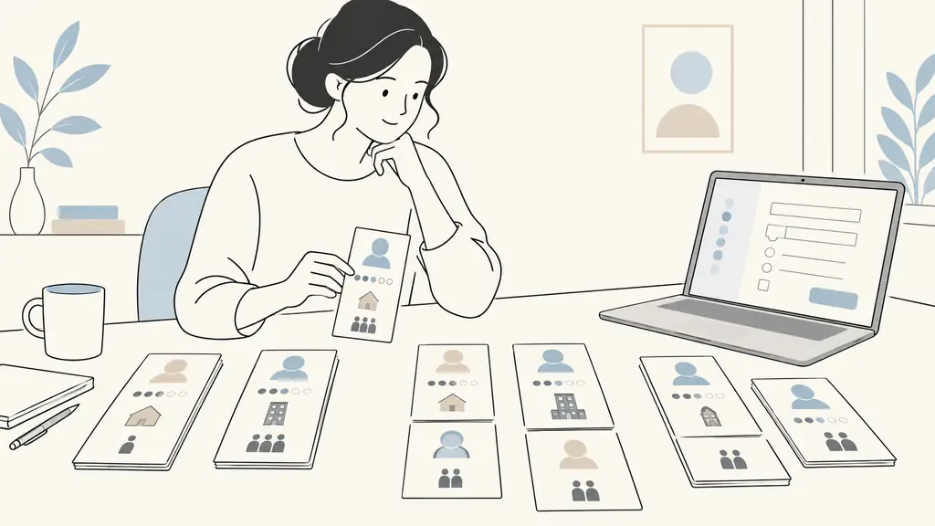 researcher sorting participant profile cards by age, residence and household composition beside an online survey form, editorial photography, no text, no logo