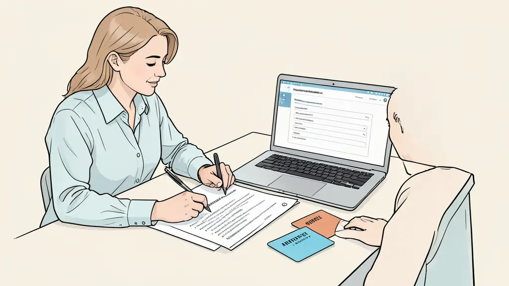 Business analyst and service manager refining acceptance criteria on paper, laptop showing a contact form, colored priority cards on the desk