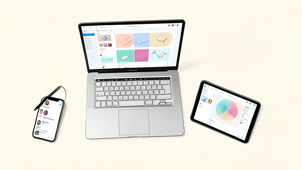 A modern workspace with a laptop showing a colorful graphic design interface, a smartphone displaying a social media feed, and a digital tablet with an AI visual generation tool open, professional lighting, top-down view
