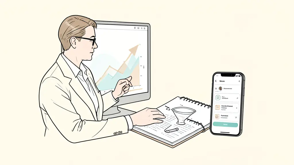 A business professional analyzing a growth chart on a screen, next to a notebook with a drawn sales funnel and a smartphone showing notification alerts for new business leads, editorial style