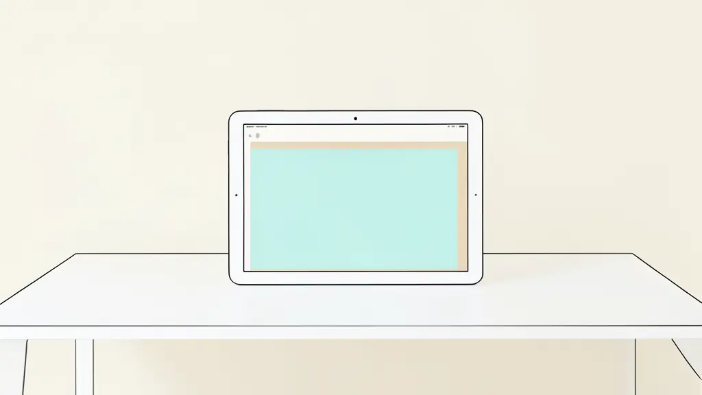 A minimalist workspace with a clean white desk, a modern tablet displaying a simple 2D interface with bright solid colors, no shadows or textures, Bauhaus style inspiration
