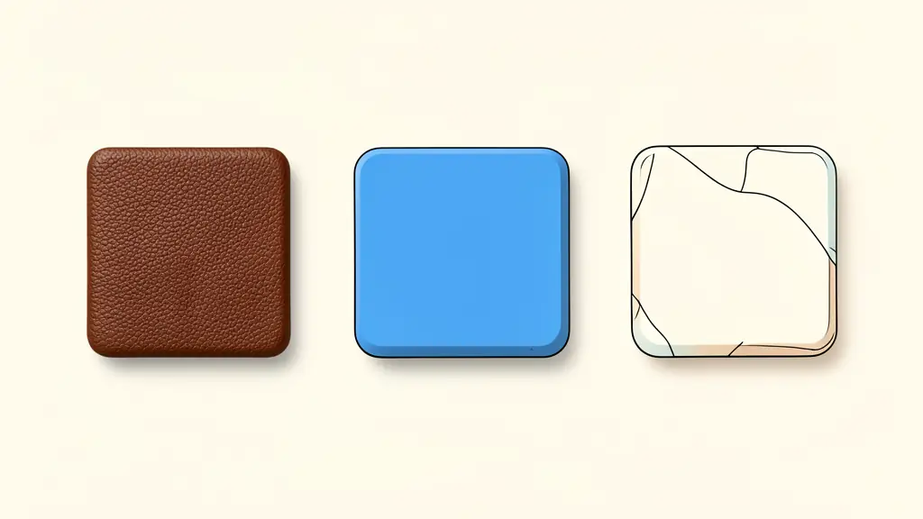A side-by-side comparison of three interface buttons: one with a realistic leather texture, one as a simple flat blue rectangle, and one with a subtle shadow and material layering