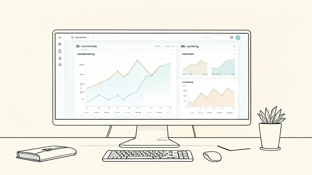 A professional office setting showing a digital dashboard with predictive data charts and lead scoring metrics on a large screen, editorial style, high quality