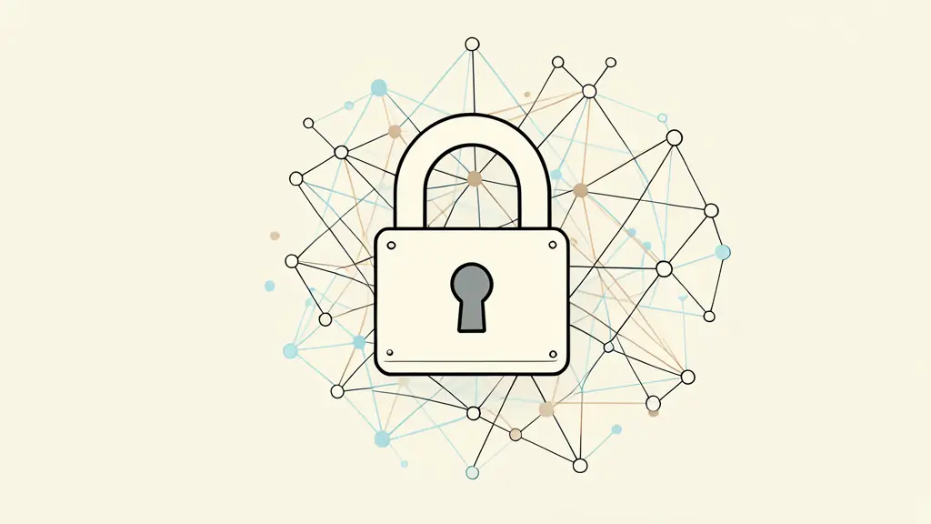 A close-up of a secure digital lock icon overlaying a complex network of data nodes and interconnected lines, editorial style, conceptual security