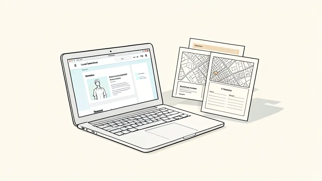 Local service business owner planning a customer journey beside a laptop showing a service page, city map and contact form sketches, natural office light, no text, no logo