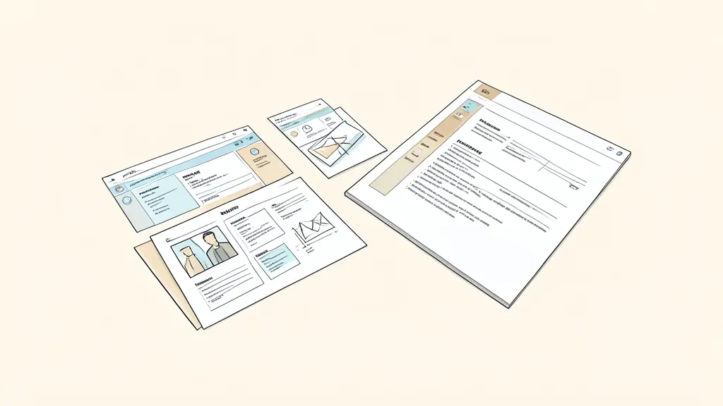 Editorial photograph of a designer arranging project notes beside interface mockups and an anonymized client brief on a desk, no text, no logo