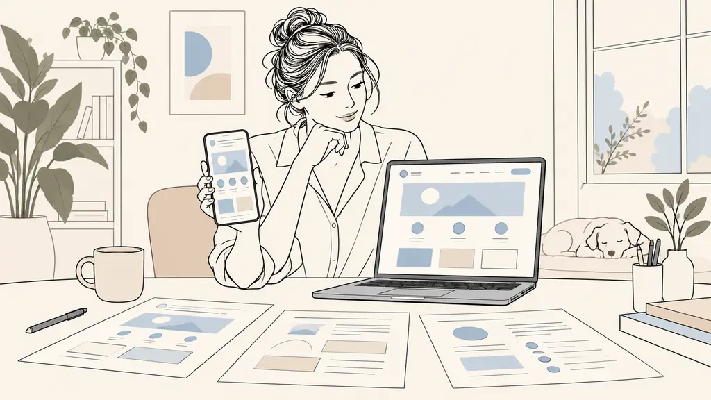 Small business owner comparing a landing page mockup on a laptop and smartphone beside several printed project quotes, natural office setting, no visible text or logos