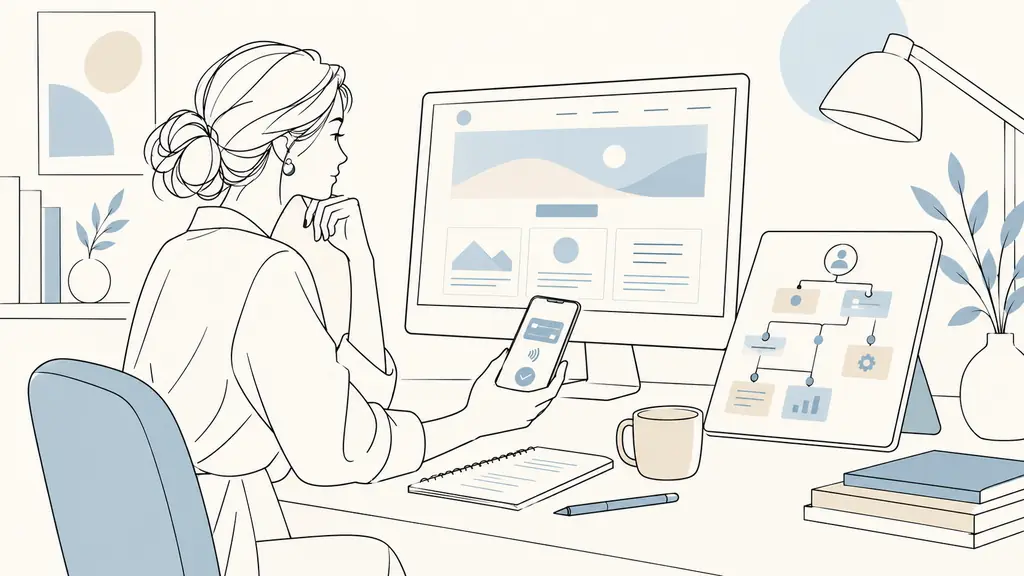 Marketing consultant reviewing a custom landing page wireframe, CRM workflow and mobile payment screen at a studio desk, editorial photography, no text or logos