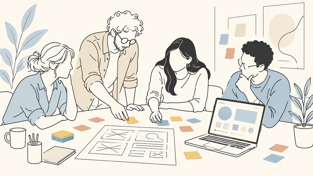 multidisciplinary design team sorting colored sticky notes beside a paper wireframe and a laptop showing a clickable prototype, editorial photography, no text, no logo