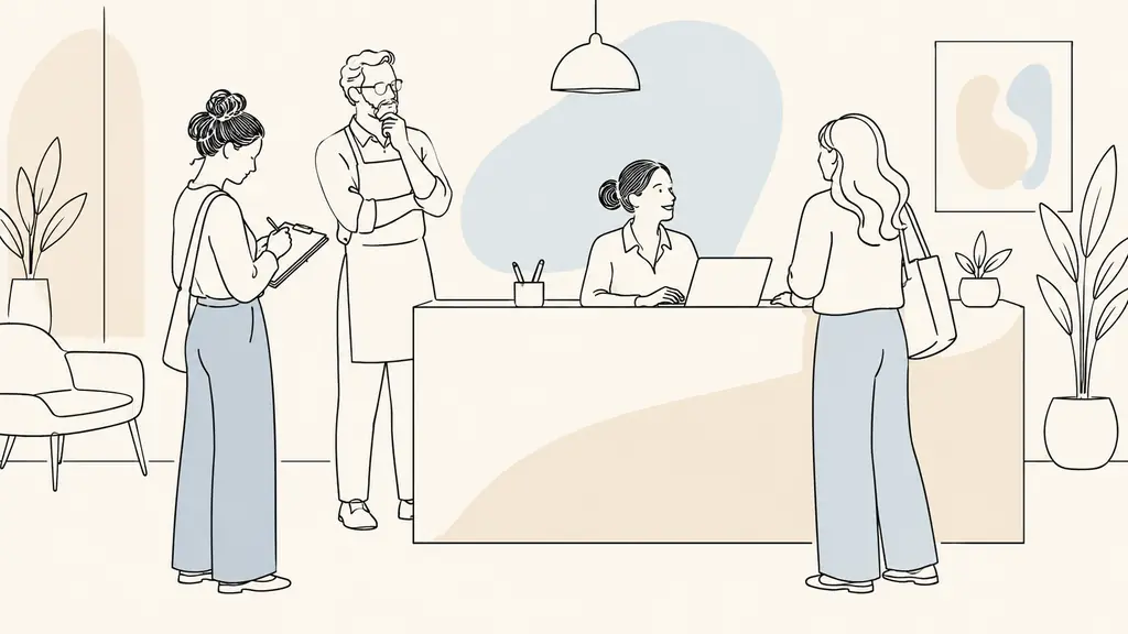 service business owner observing a receptionist handling a customer appointment while an UX researcher takes notes beside an interview guide, editorial photography, no text, no logo