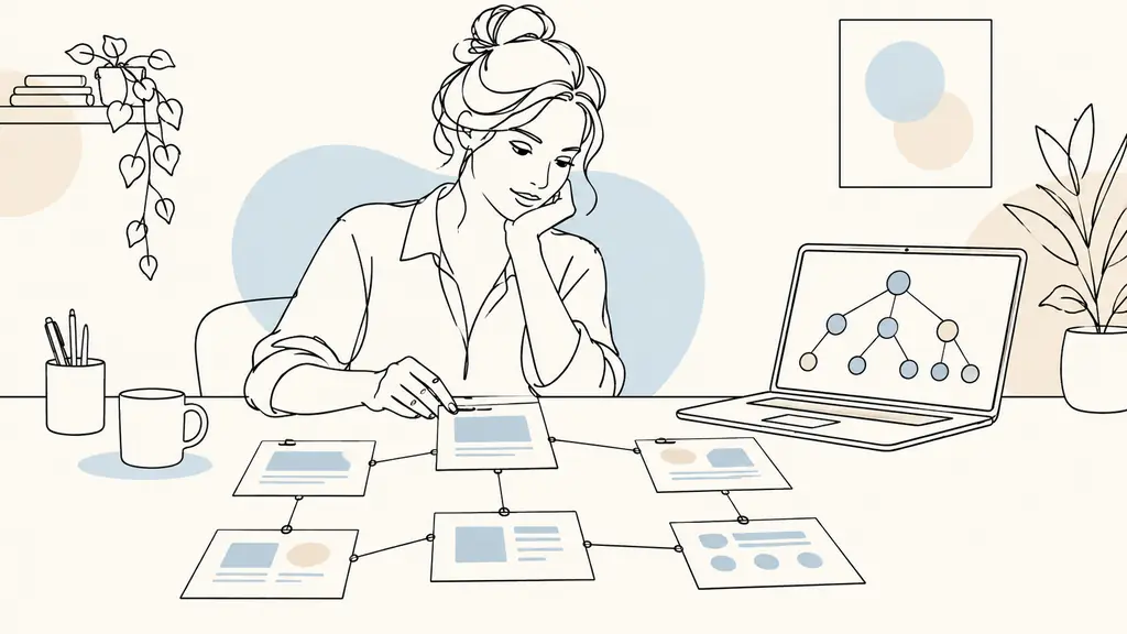 Small business owner arranging printed website page cards connected by string beside a laptop displaying a visual crawl map, no visible text or logos