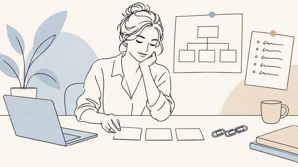 Business owner arranging three labeled-free cards beside a laptop, with a website structure sketch, a handwritten content outline and a small chain of linked paper clips