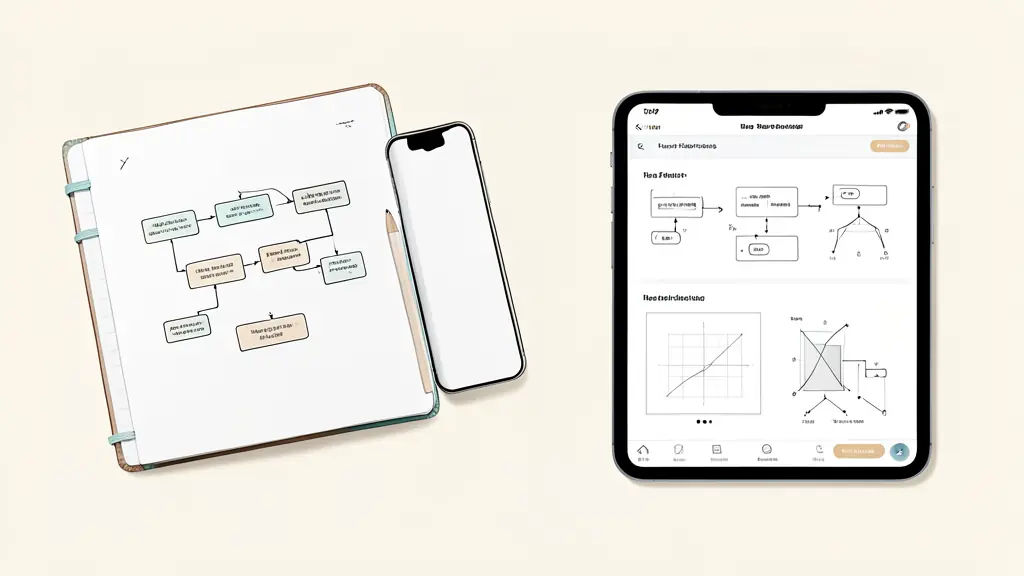 A top-down view of a designer's desk with a notebook showing a user flow diagram, a smartphone displaying a wireframe, and a tablet with a finished high-fidelity UI screen, clean professional lighting, editorial style