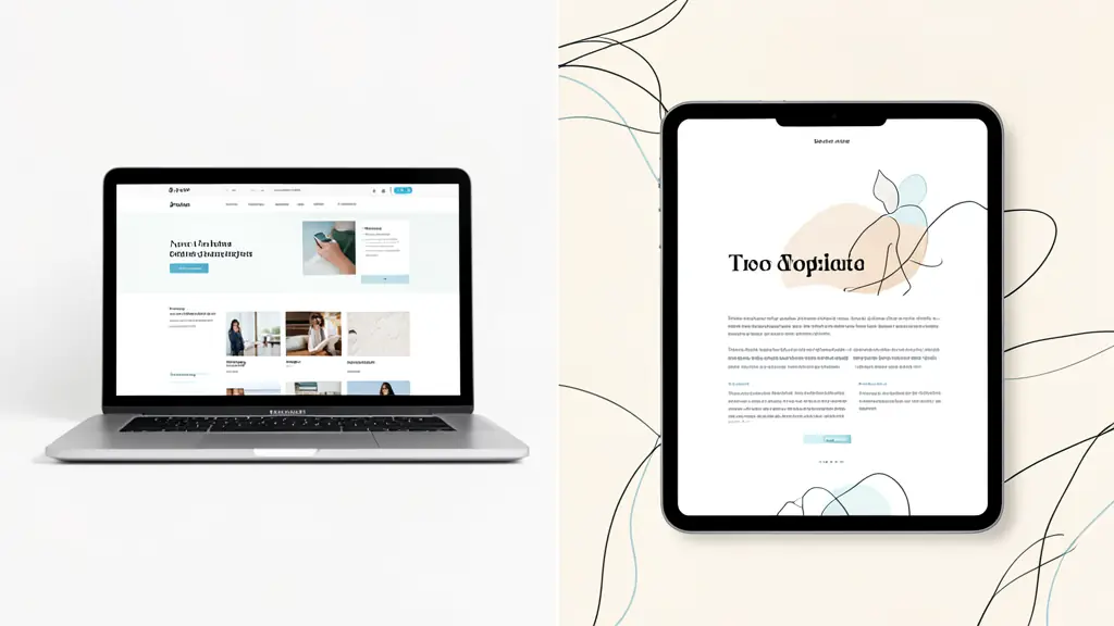 A split screen showing a modern website layout on a laptop and a clean digital PDF presentation on a tablet, minimalist white background, editorial photography