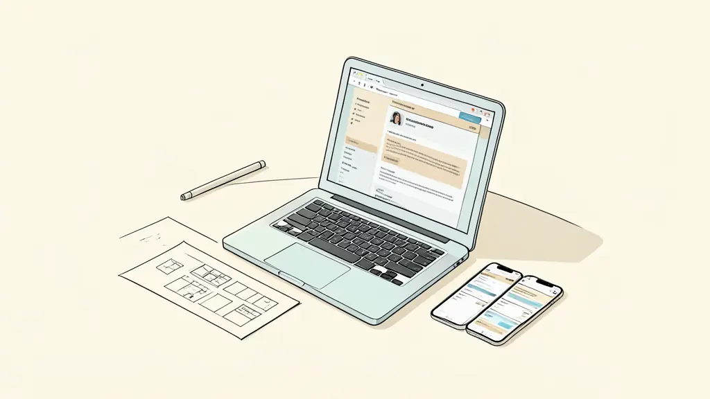 Editorial photograph of a designer reviewing a contact page prototype on a laptop, with wireframe sketches and mobile form screens visible on the desk, no text, no logo