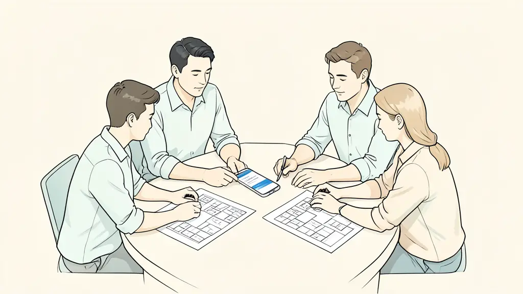 Editorial photograph of a small design team comparing a mobile prototype with printed wireframes, testing a contact form around a shared table, no text, no logo